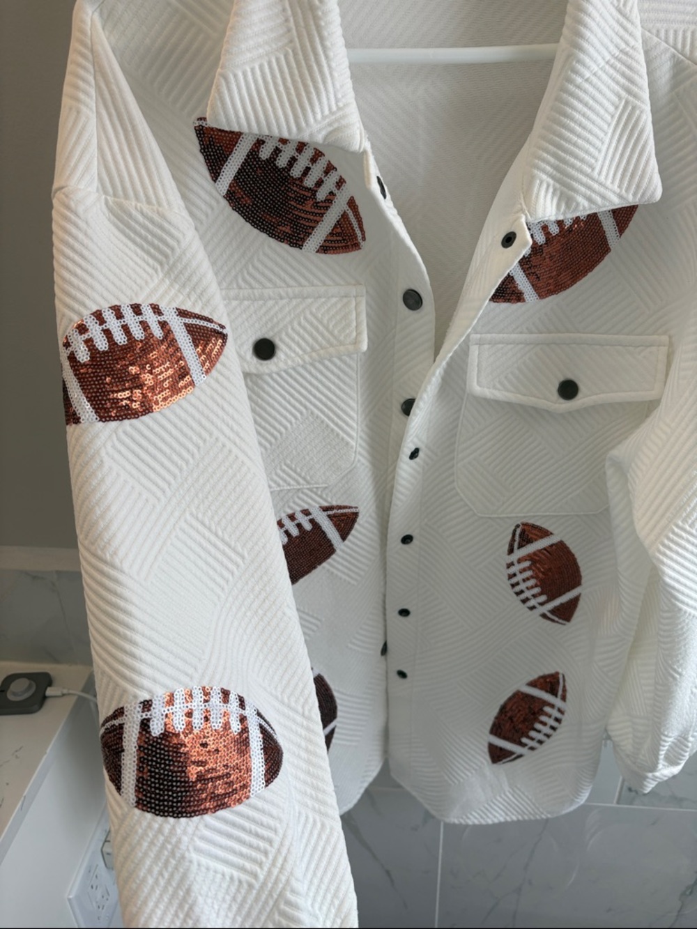 White Quilted Shacket with Football Motif - Picture 2 of 3